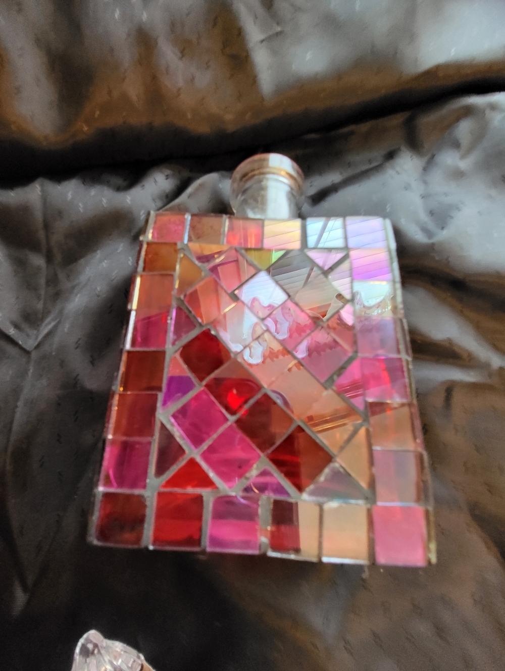 Faceted 5.5 x 3 In. Glass Perfume Bottle with Pink Mosaic Panels With Stopper - Picture 8 of 12